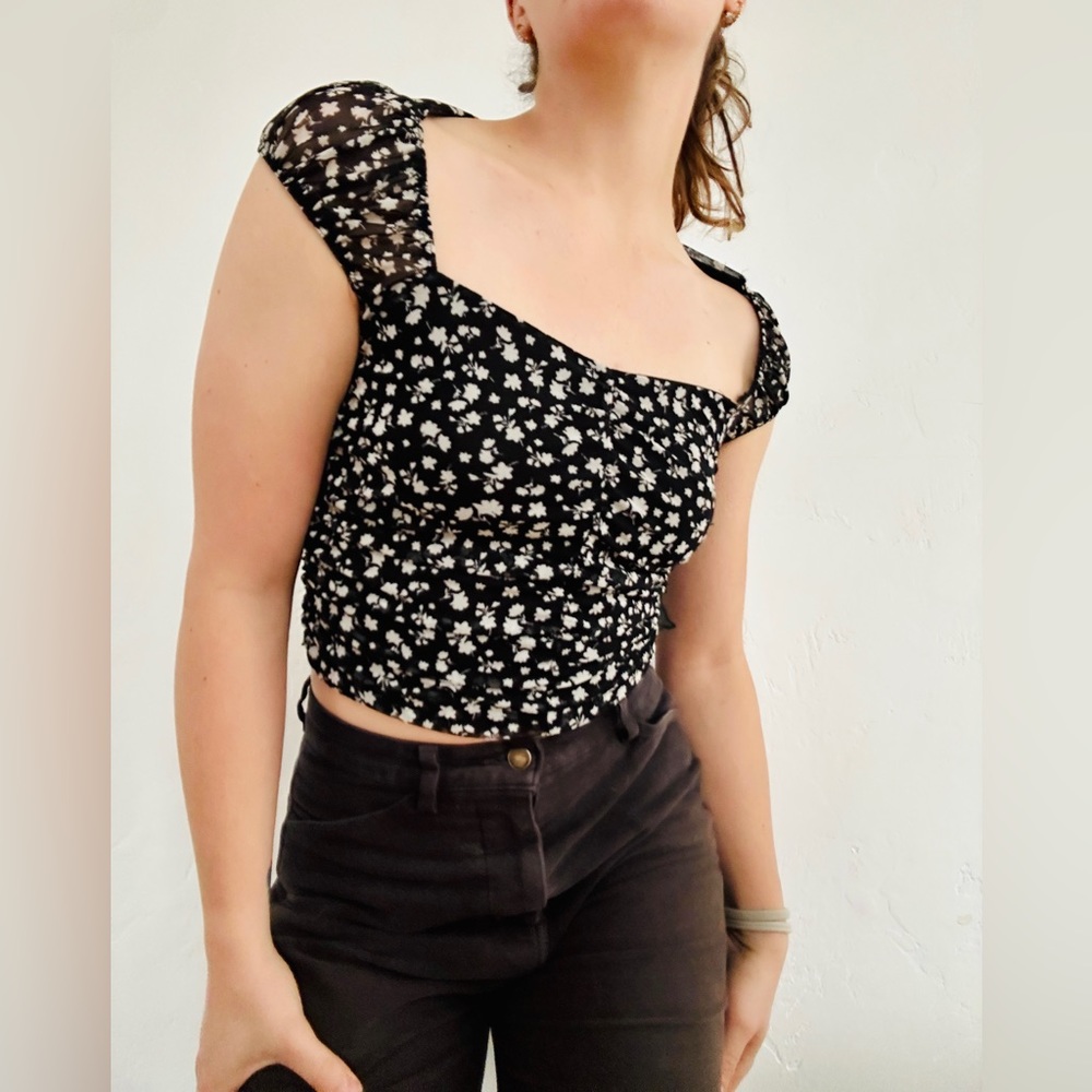 Black mesh ditsy floral crop top
